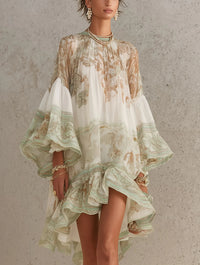 Rosalie | Chiffon Mini Dress with Ruffled Sleeves and Green Striped Hem