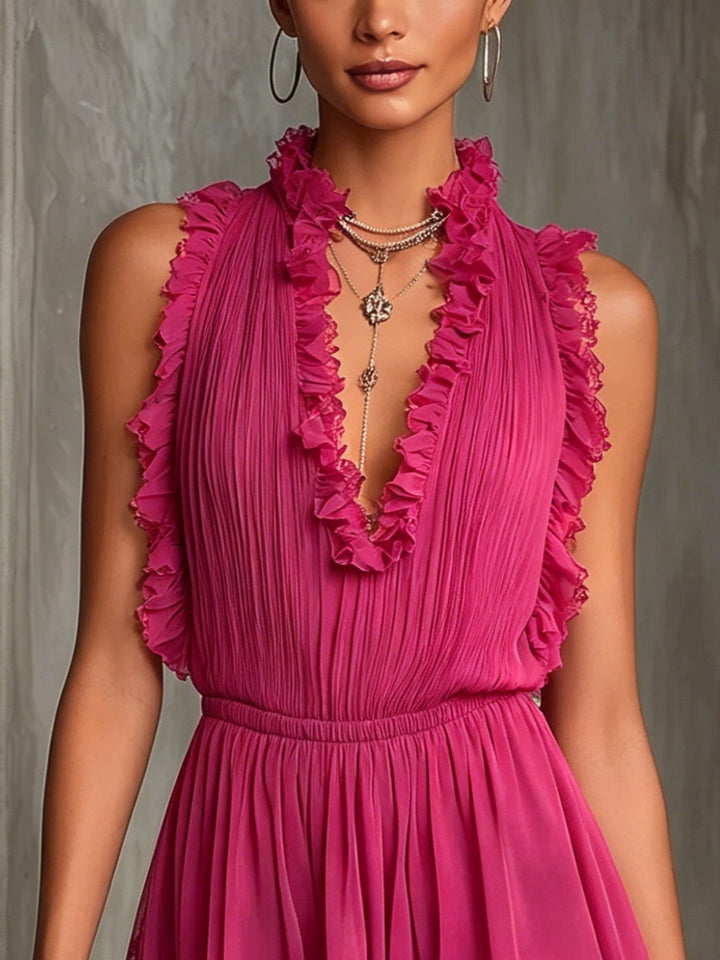 Pleated Chiffon Jumpsuit with Lace and Ruffles in Fuchsia