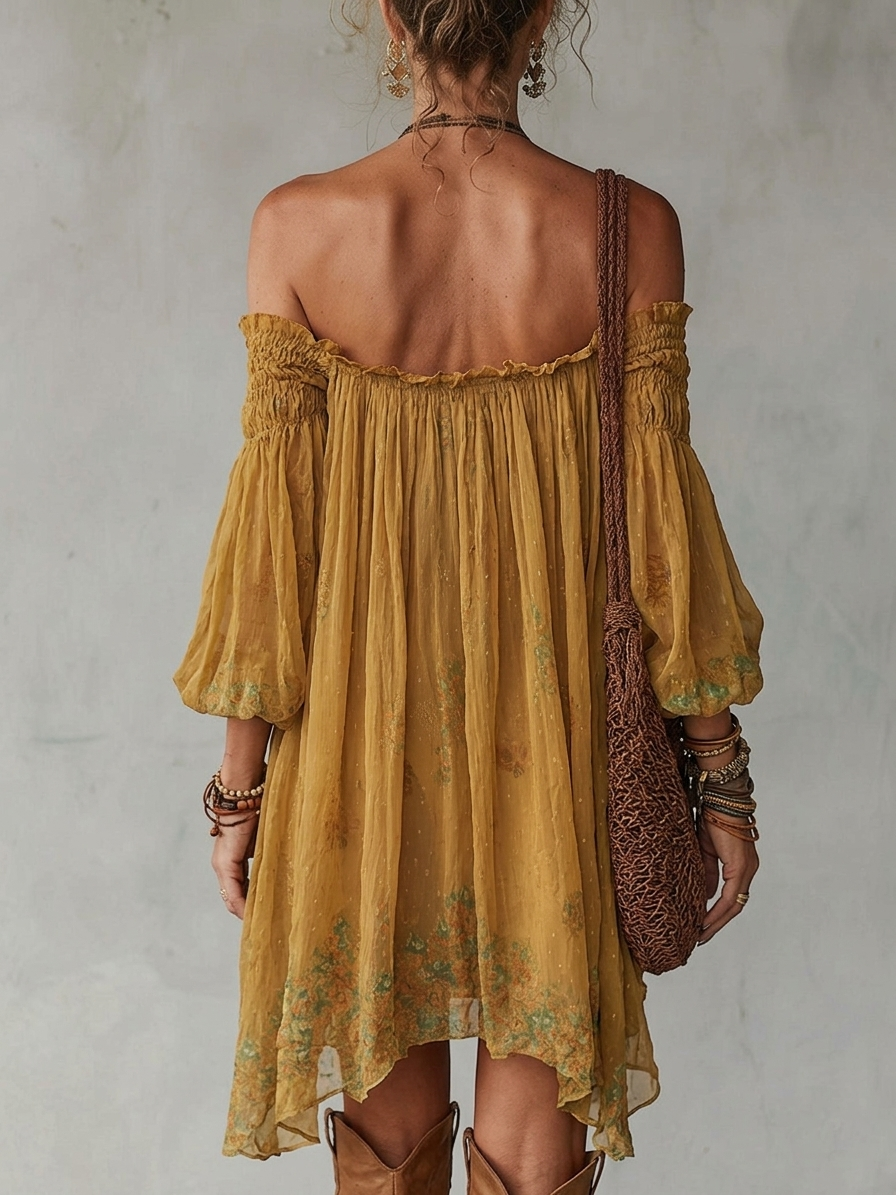 Giunchiglia | Yellow Floral Mini Dress, Off-Shoulder