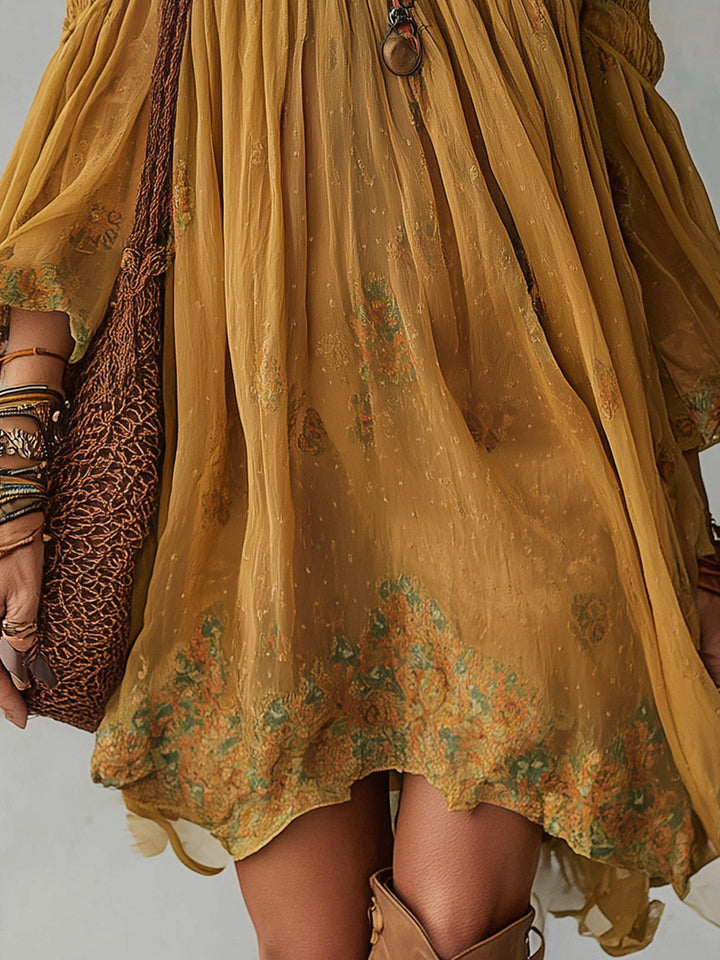 Giunchiglia | Yellow Floral Mini Dress, Off-Shoulder