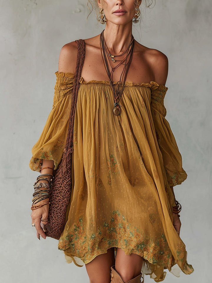 Giunchiglia | Yellow Floral Mini Dress, Off-Shoulder