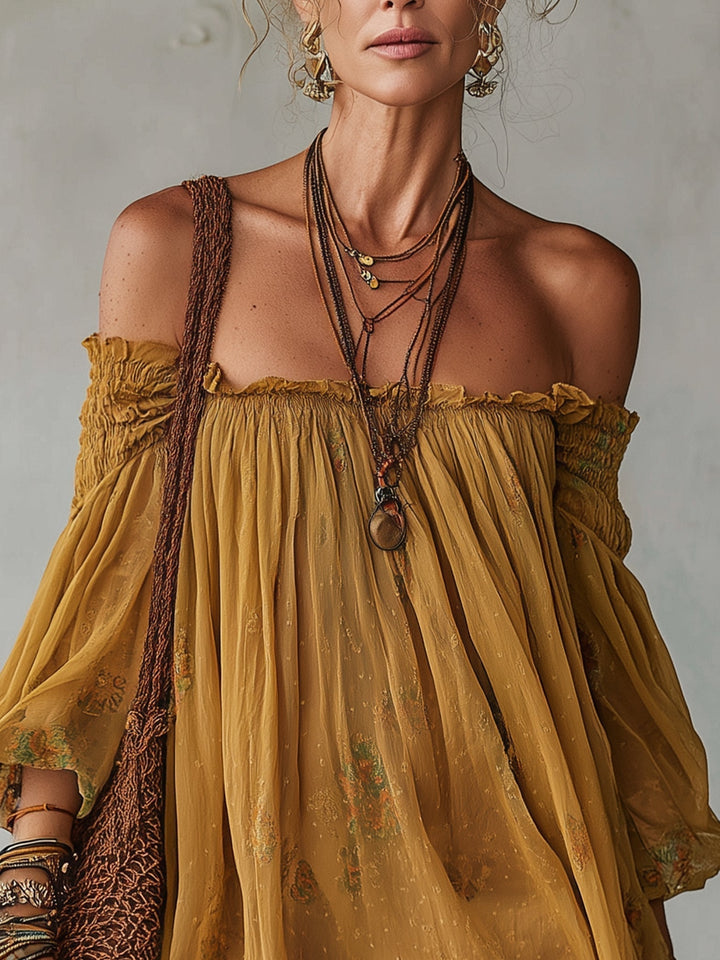 Giunchiglia | Yellow Floral Mini Dress, Off-Shoulder