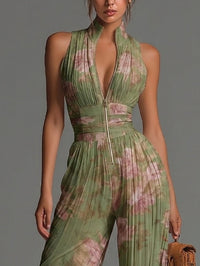 Green Floral V-neck Sleeveless Zip-up Pleated Wide-leg Chiffon Jumpsuit