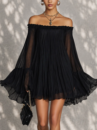 Océane | Black Off-the-Shoulder Mini Dress with Ruched Detail and Bell Sleeves