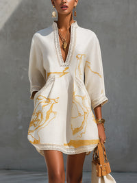Aliénor | Ivory Mini Dress Featuring Golden Crochet Lace and V-Neck Design