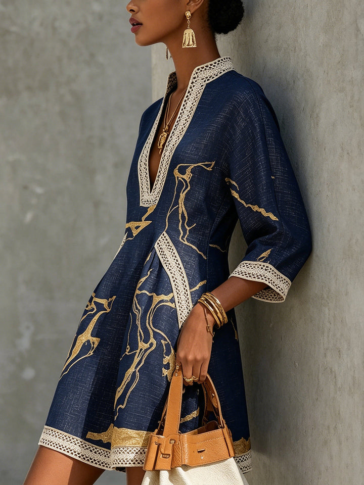 Cosette | Navy Blue Mini Dress Featuring Gold Patterns and V-Neck Crochet Lace