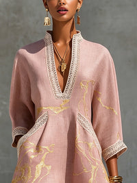 Ninon | Pink Crocheted Lace Mini Dress with Golden Accents and V-Neck
