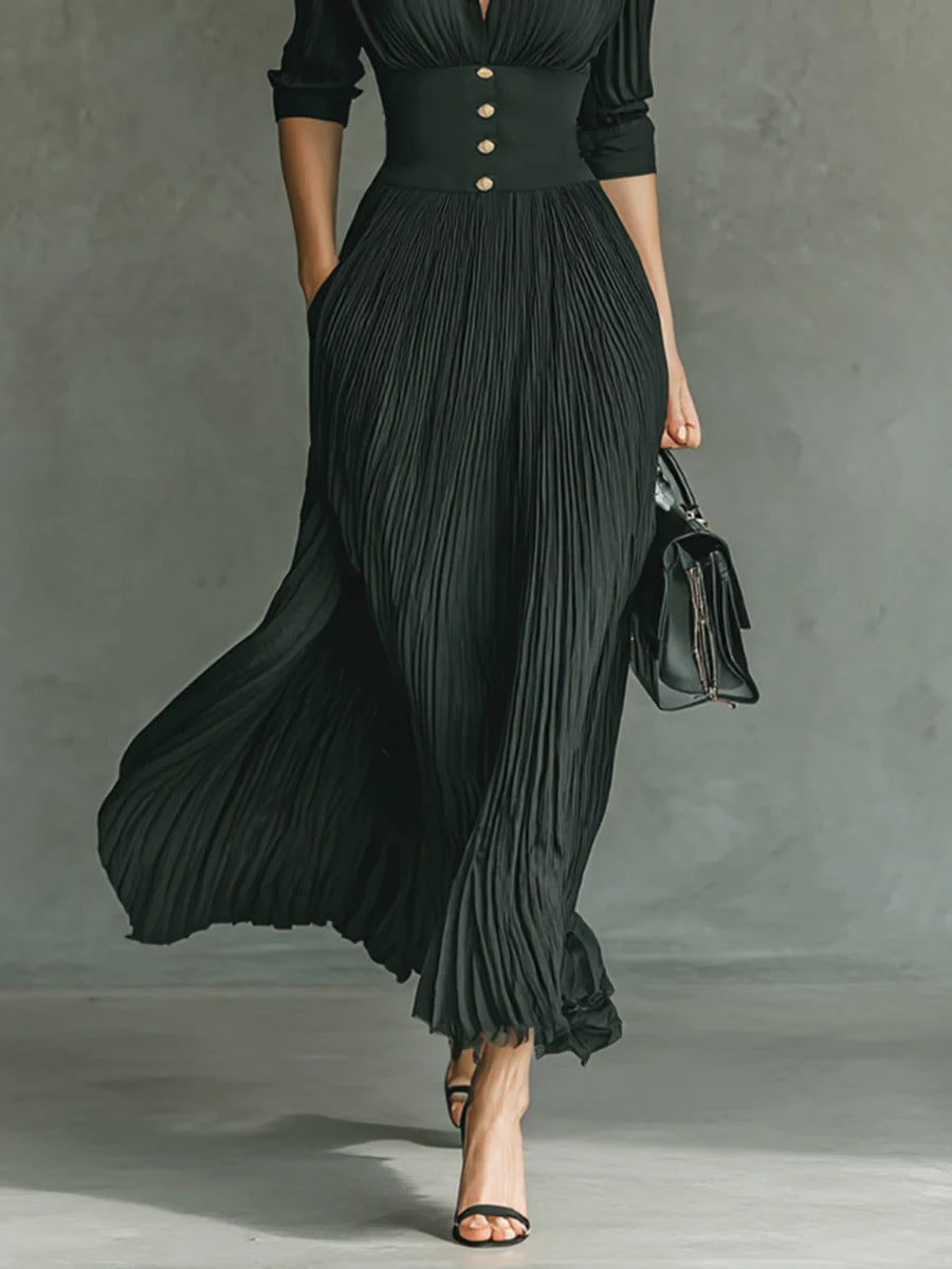 Elvire | Pleated Long Dress with Lapels and High Waist
