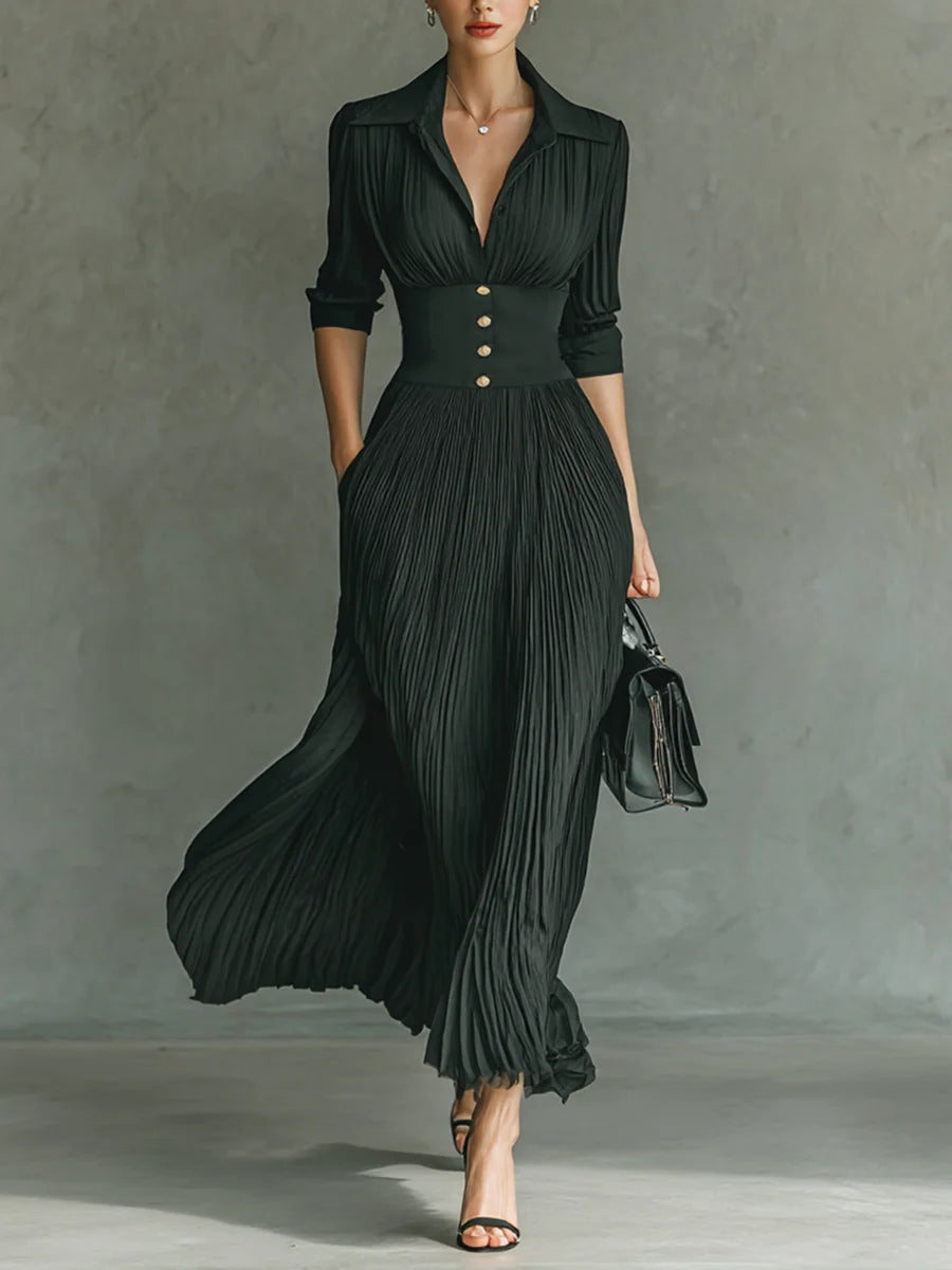 Elvire | Pleated Long Dress with Lapels and High Waist