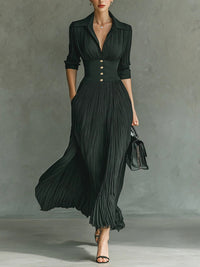 Elvire | Pleated Long Dress with Lapels and High Waist