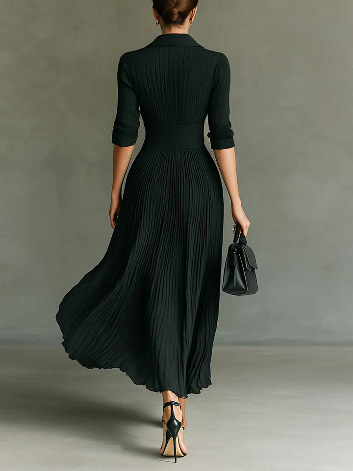 Elvire | Pleated Long Dress with Lapels and High Waist