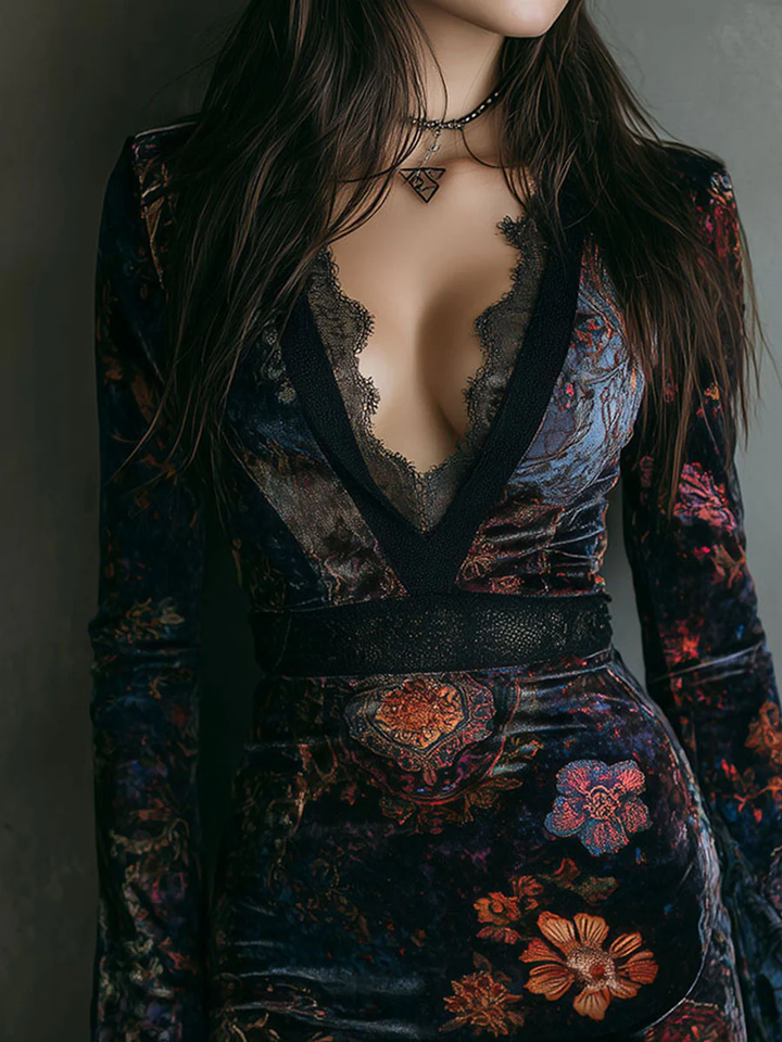 Iris | Mini Bodycon Dress in Velvet, Lace and Floral Print