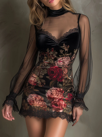 Eglantine | Mini Dress in Tulle, Rose Print and Lace