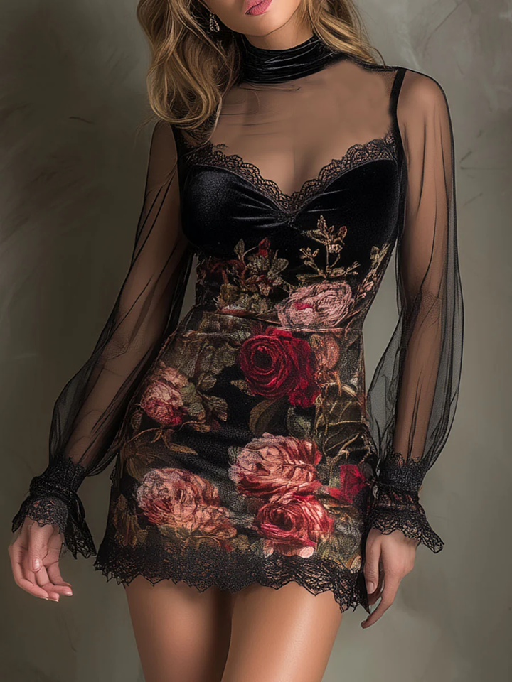 Eglantine | Mini Dress in Tulle, Rose Print and Lace