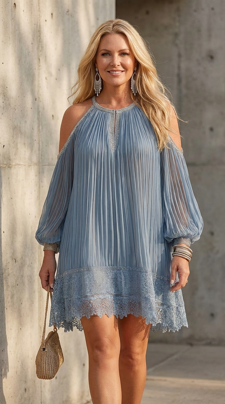 Séraphine | Off-the-Shoulder Blue Mini Dress with Ruching and Lace Trim