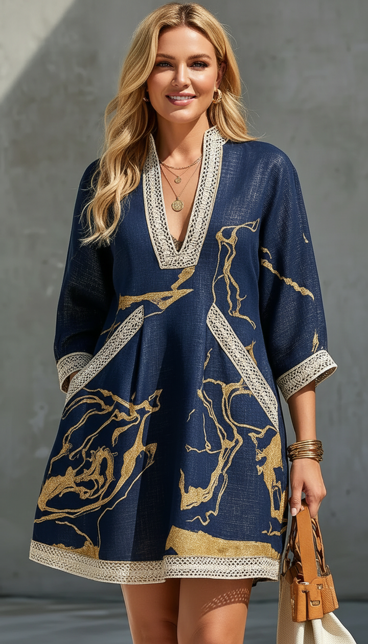 Cosette | Navy Blue Mini Dress Featuring Gold Patterns and V-Neck Crochet Lace