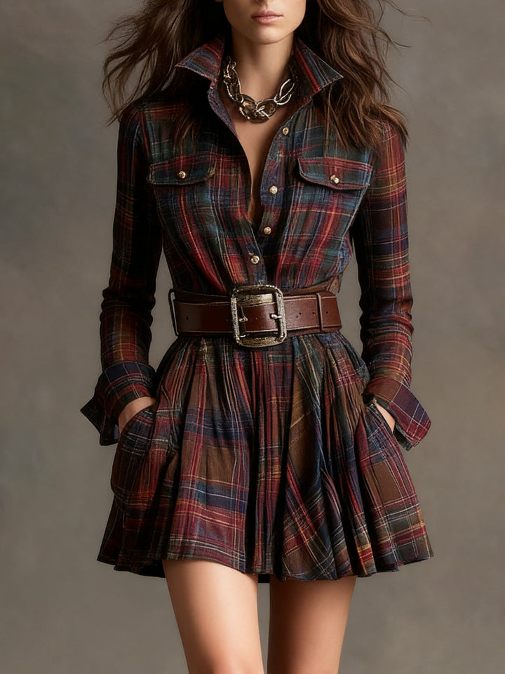 Cinnamon | Mini Vintage Dress in Red and Brown Check (with belt)