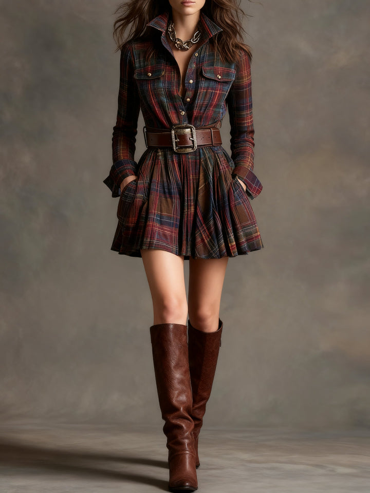 Cinnamon | Mini Vintage Dress in Red and Brown Check (with belt)