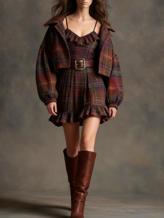 Marielle | Vintage Check and Stripe Mini Dress with Wide Jacket (with belt)