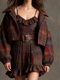 Marielle | Vintage Check and Stripe Mini Dress with Wide Jacket (with belt)