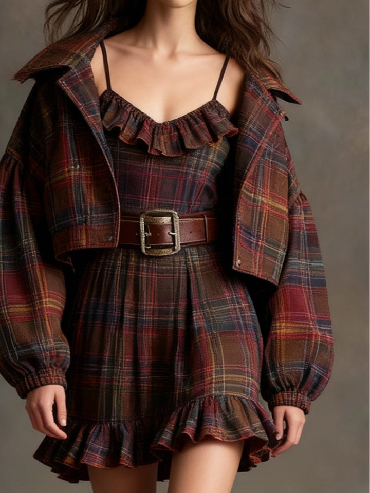 Marielle | Vintage Check and Stripe Mini Dress with Wide Jacket (with belt)